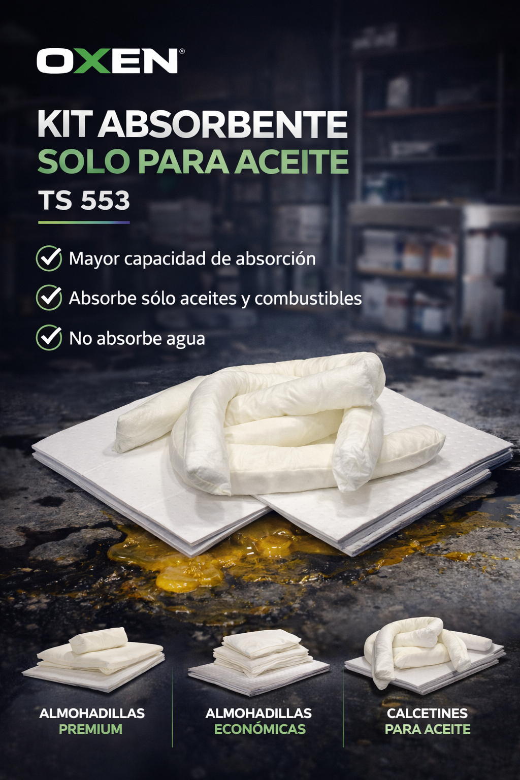 kit absorbente de aceite ts553 para control de derrames industriales